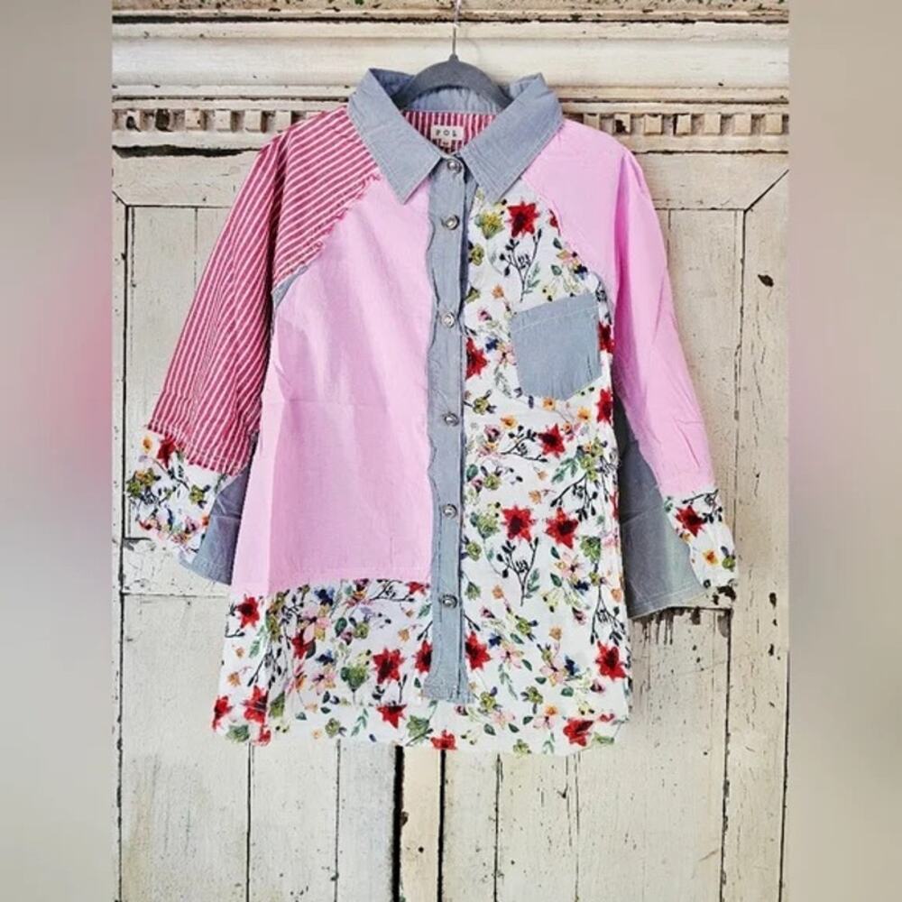 Pol Patchwork Button Down Shirt Boho Floral Shirt - image 3